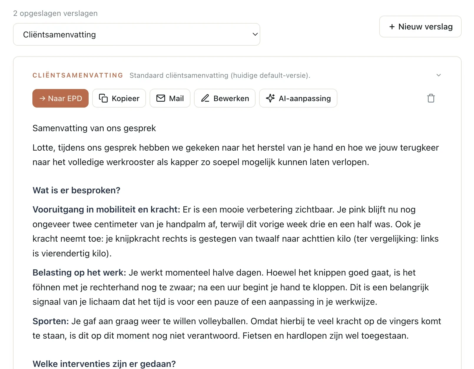 Levavi Sessies: een cliëntsamenvatting met knoppen om na te lezen, aan te passen en te delen.